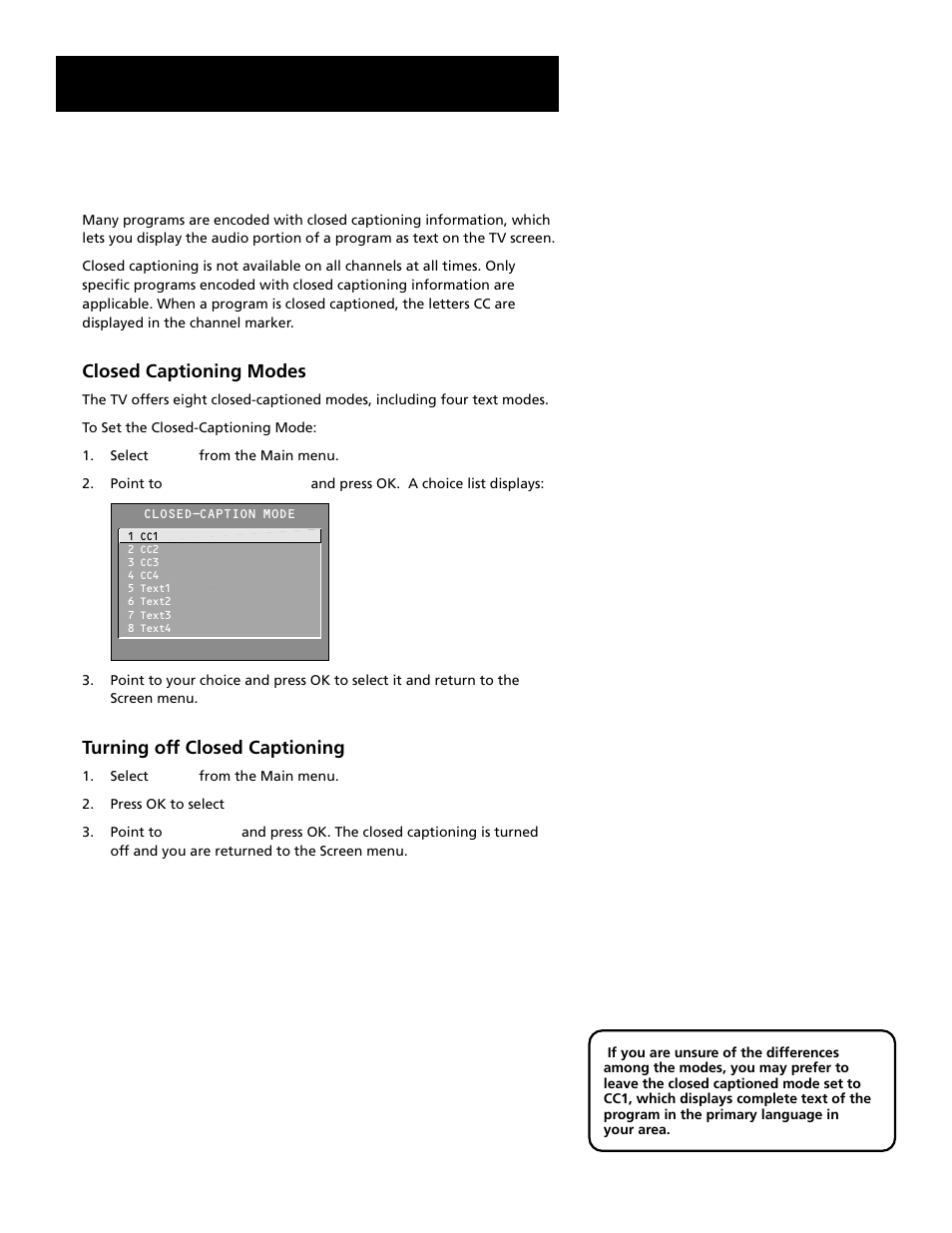 Using closed captioning, Features and menus | RCA F27689 User Manual | Page 36 / 64