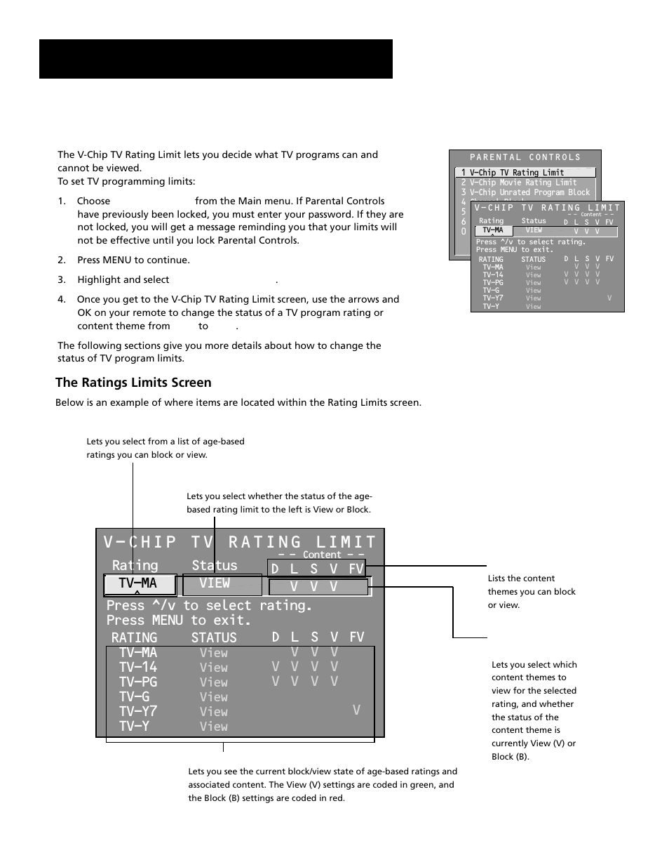 V-chip tv rating limit, Features and menus, Rating status tv-ma view | Tv-14, Tv-pg, Tv-g, Tv-y7, Tv-y, View, The ratings limits screen | RCA F27689 User Manual | Page 40 / 64