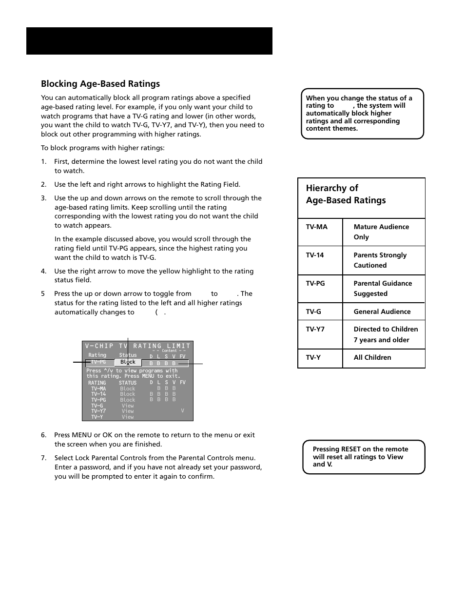 Features and menus, Blocking age-based ratings, Hierarchy of age-based ratings | RCA F27689 User Manual | Page 41 / 64