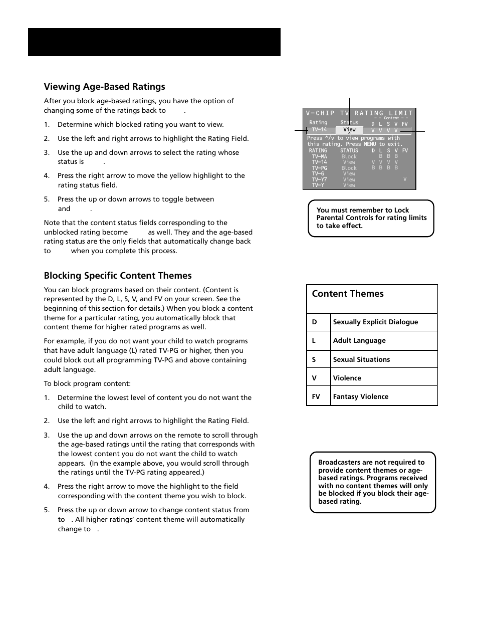 Features and menus, Viewing age-based ratings, Blocking specific content themes | Content themes | RCA F27689 User Manual | Page 42 / 64