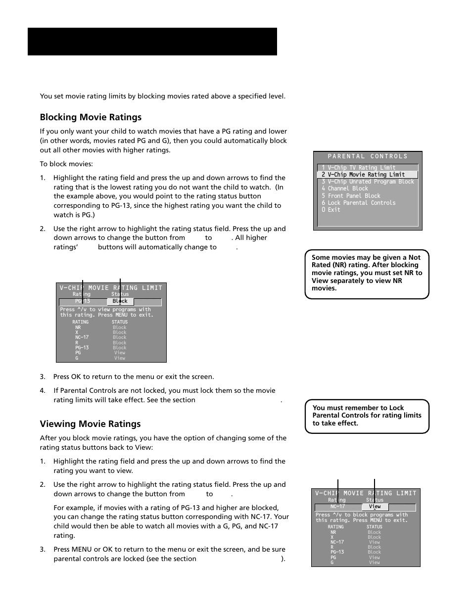 Features and menus, V-chip movie rating limit, Blocking movie ratings | Viewing movie ratings | RCA F27689 User Manual | Page 44 / 64