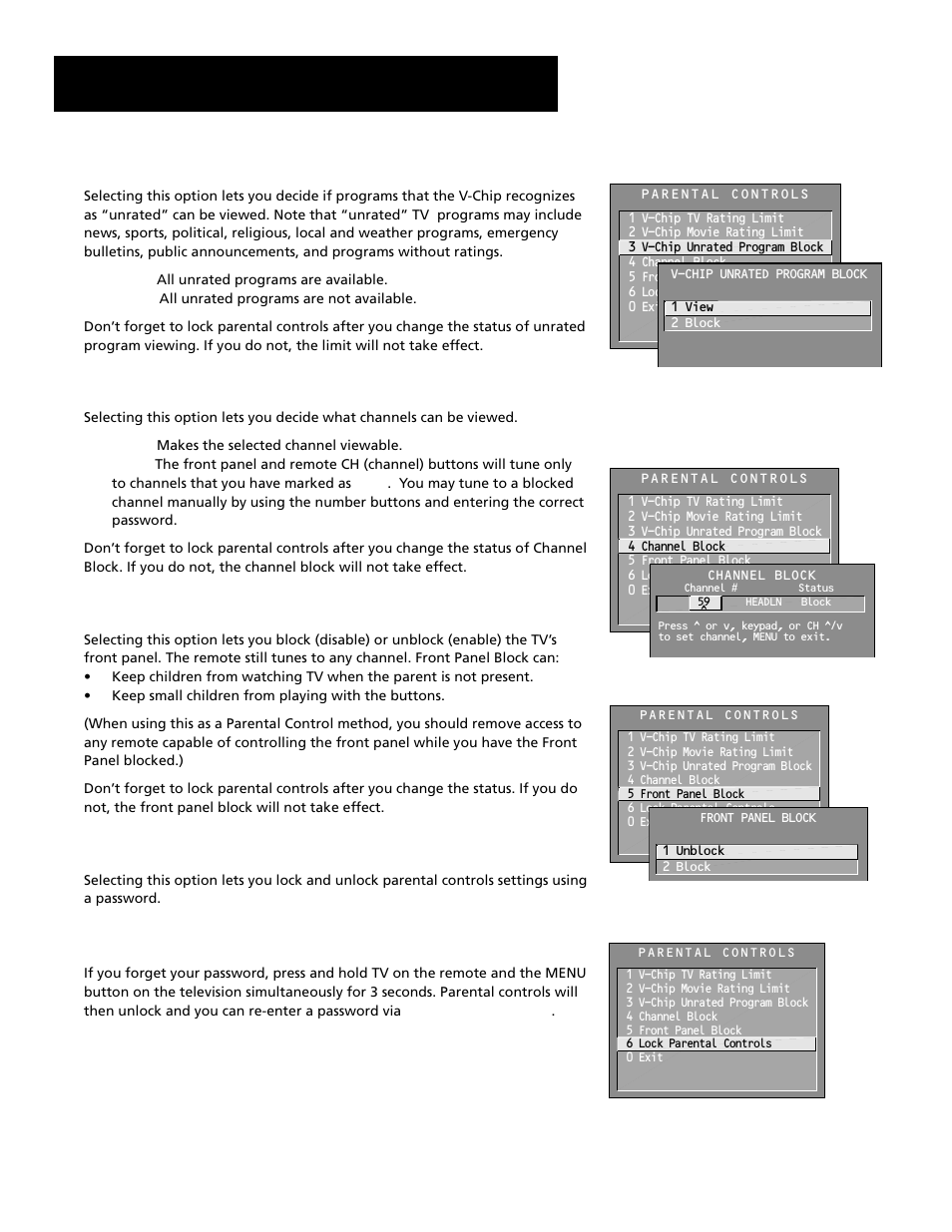 Channel block, Front panel block, Lock/unlock parental controls | Features and menus, V-chip unrated program block | RCA F27689 User Manual | Page 45 / 64