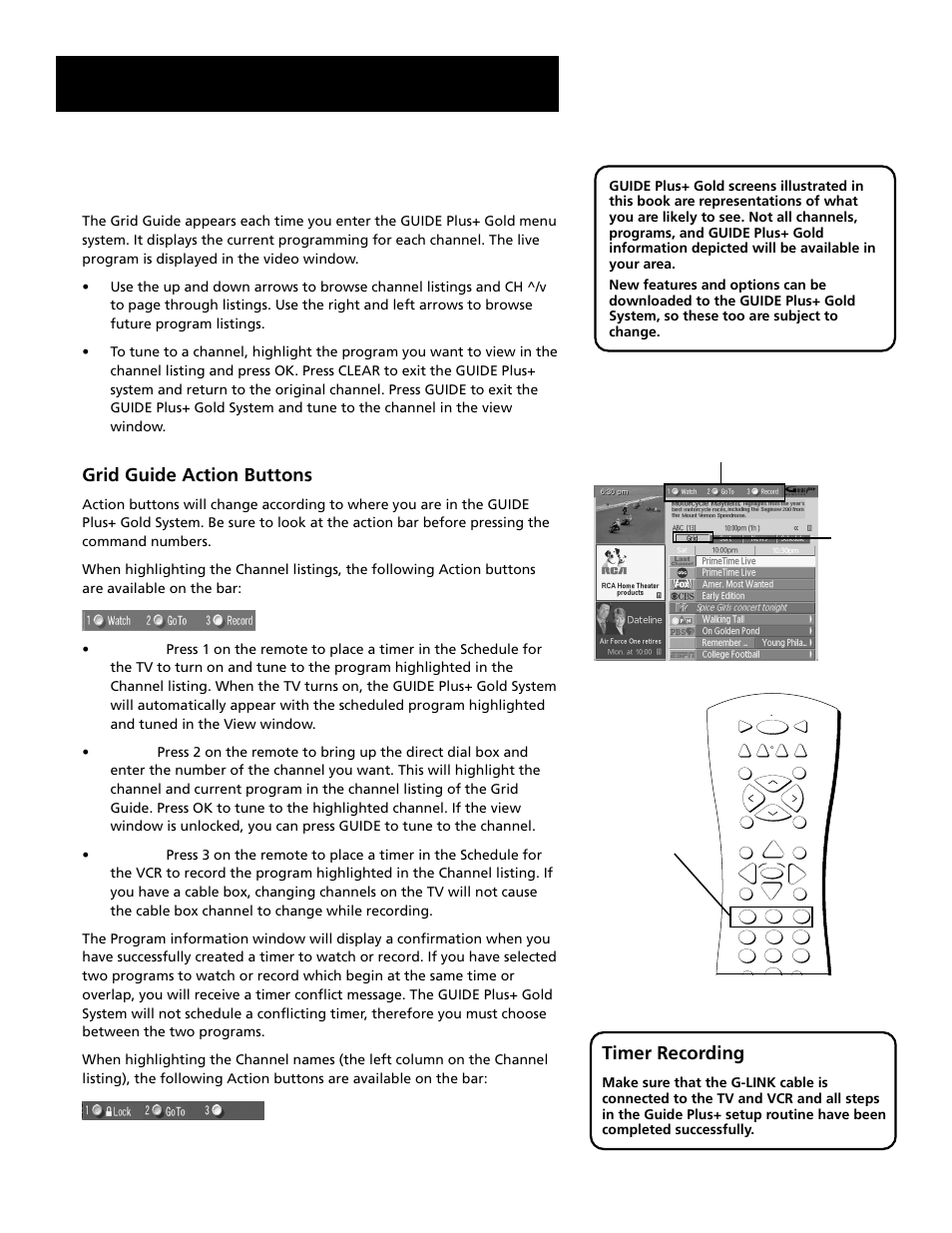 Features and menus, Grid guide, Grid guide action buttons | Timer recording | RCA F27689 User Manual | Page 48 / 64