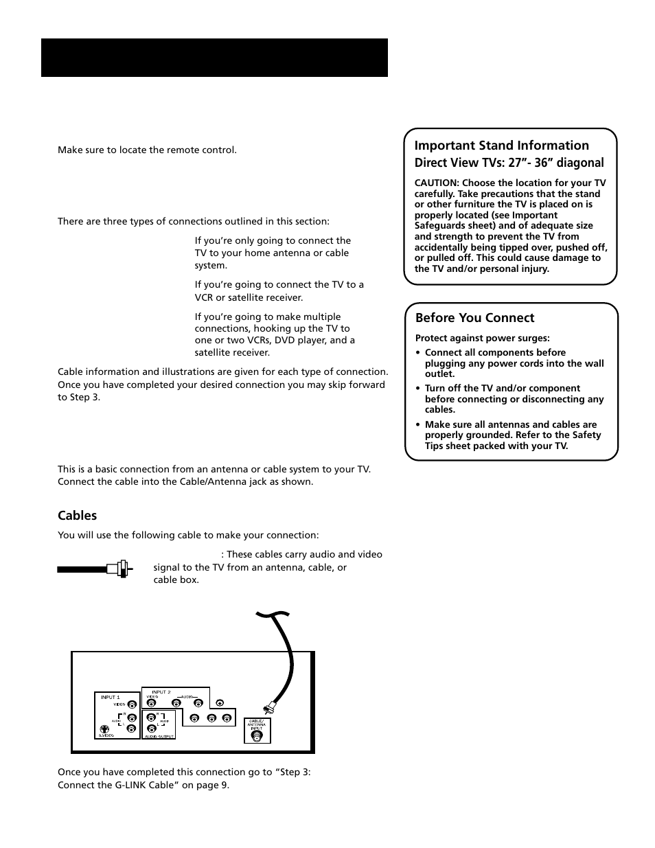 Step 1: unpack the tv, Step 2: connect your tv, Setup and connections | Tv only, Cables, Before you connect | RCA F27689 User Manual | Page 6 / 64