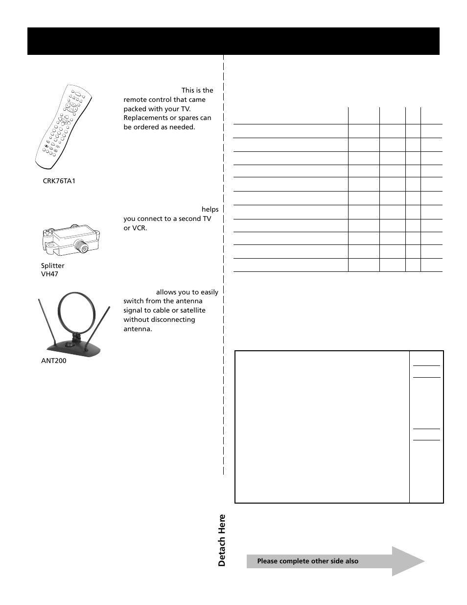 Reference, Detach her e, Accessory order for m | Please complete other side also, Crk76ta1 | RCA F27689 User Manual | Page 61 / 64