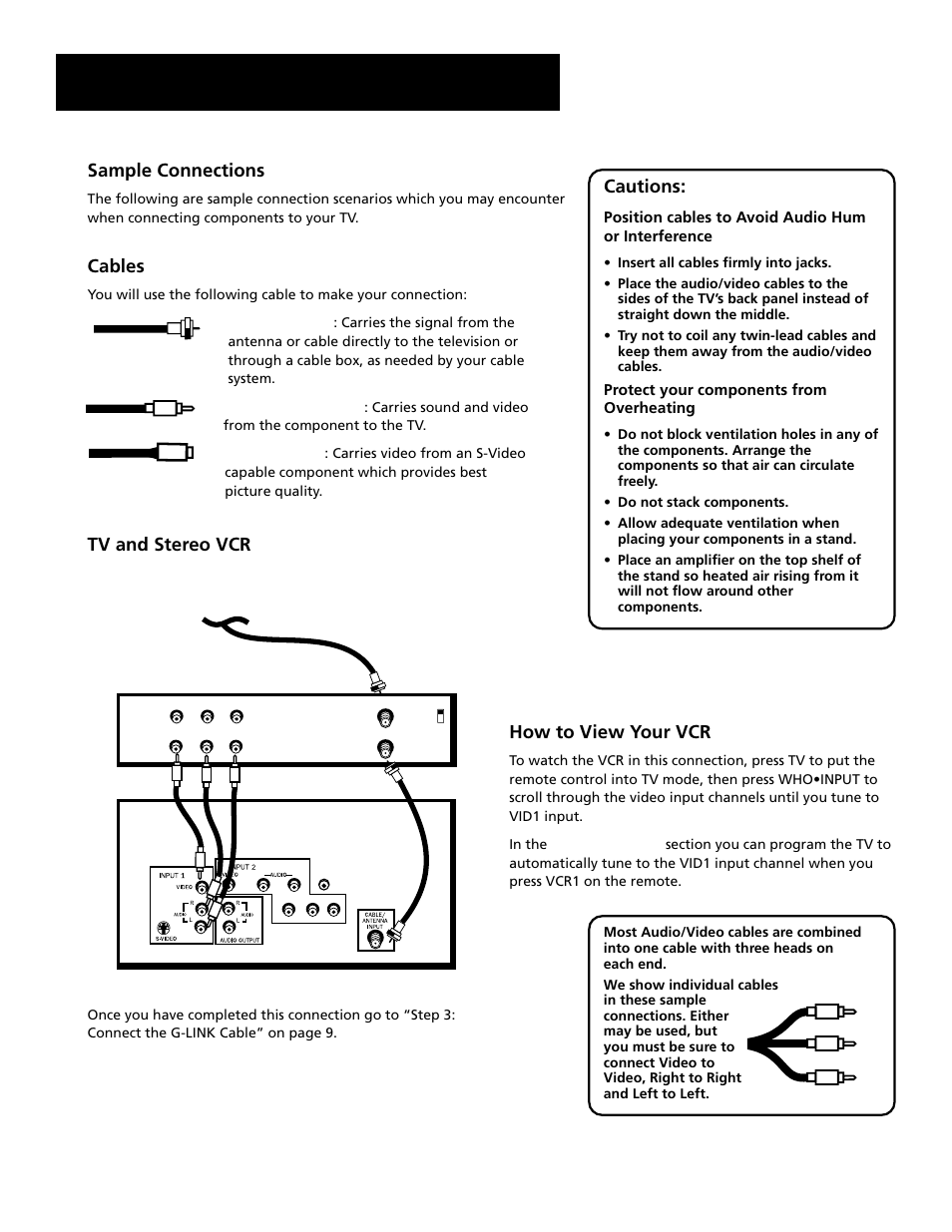 Setup and connections, Sample connections, Cables | Tv and stereo vcr, Cautions, How to view your vcr | RCA F27689 User Manual | Page 9 / 64