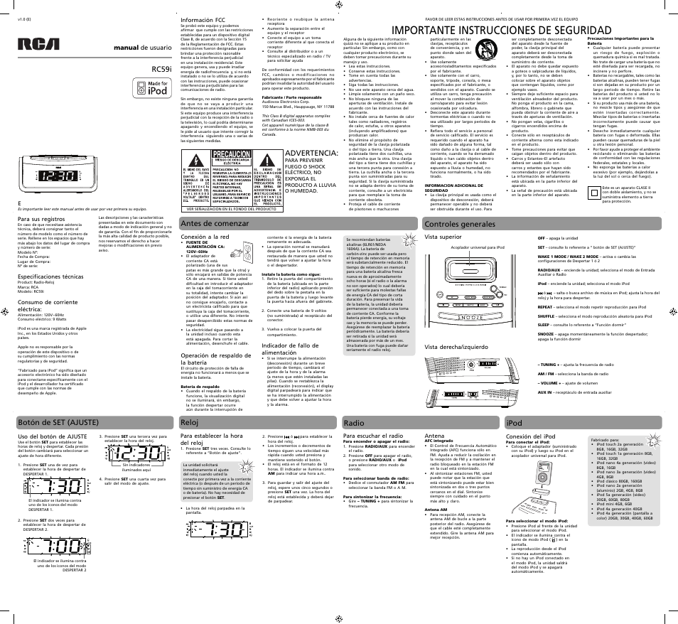 Importante instrucciones de seguridad, Rc59i, Advertencia | Antes de comenzar controles generales ipod, Botón de set (ajuste), Reloj radio | RCA RC59i User Manual | Page 2 / 4