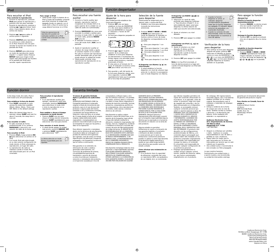 Garantía limitada función despertador, Fuente auxiliar, Función dormir | Ipod | RCA RC59i User Manual | Page 3 / 4