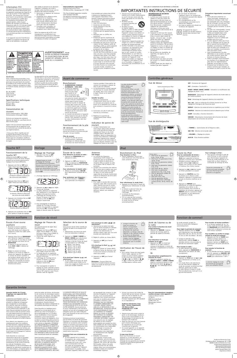Importantes instructions de sécurité, Fonction de sommeil, Source auxiliaire | Garantie limitée, Touche set, Avertissement | RCA RC59i User Manual | Page 4 / 4