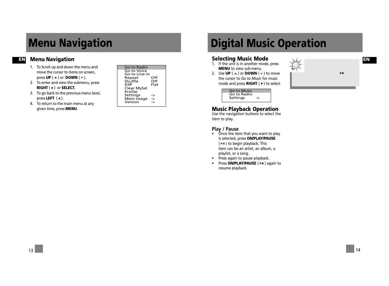 Digital music operation, Selecting music mode, Music playback operation | Menu navigation | RCA RD2312 User Manual | Page 12 / 33