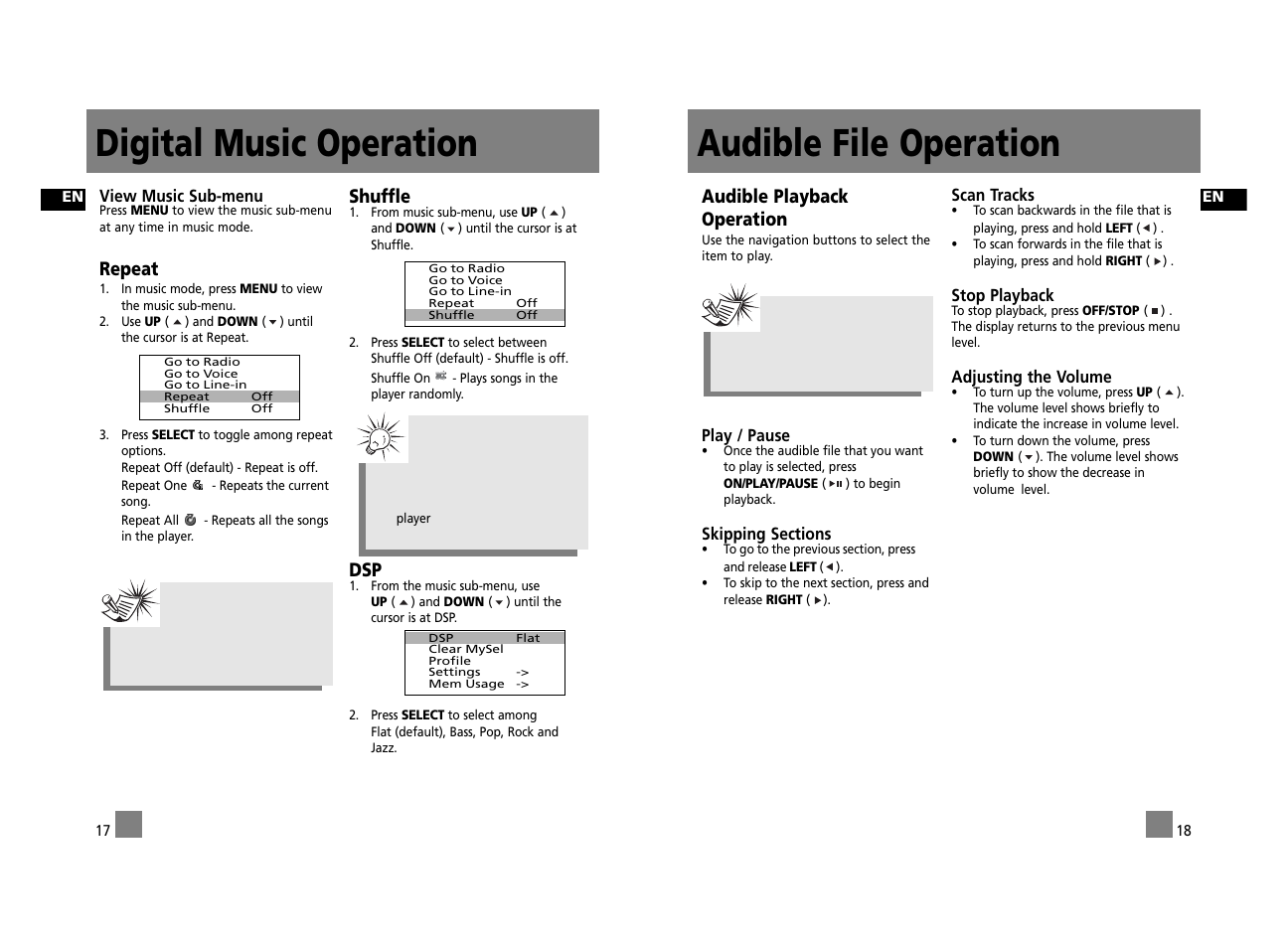 Audible file operation, Digital music operation, Audible playback operation | Repeat, Shuffle | RCA RD2312 User Manual | Page 14 / 33