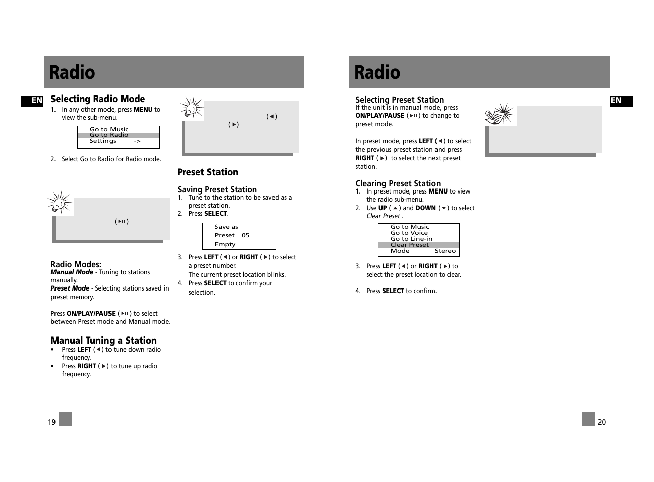 Radio, Selecting radio mode, Manual tuning a station | Preset station | RCA RD2312 User Manual | Page 15 / 33