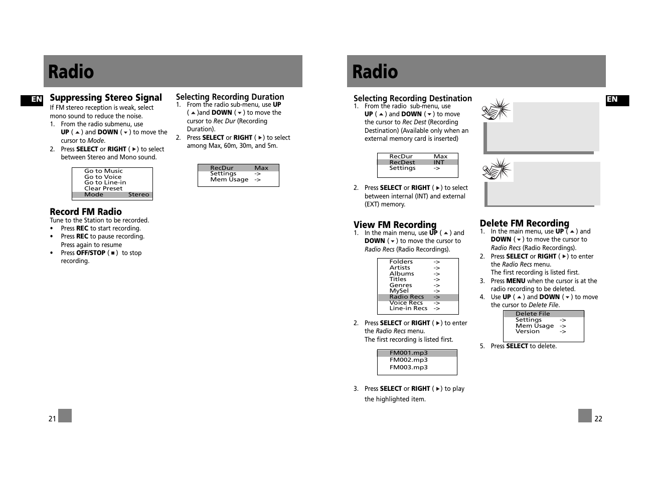 Radio, View fm recording, Delete fm recording | Suppressing stereo signal, Record fm radio | RCA RD2312 User Manual | Page 16 / 33