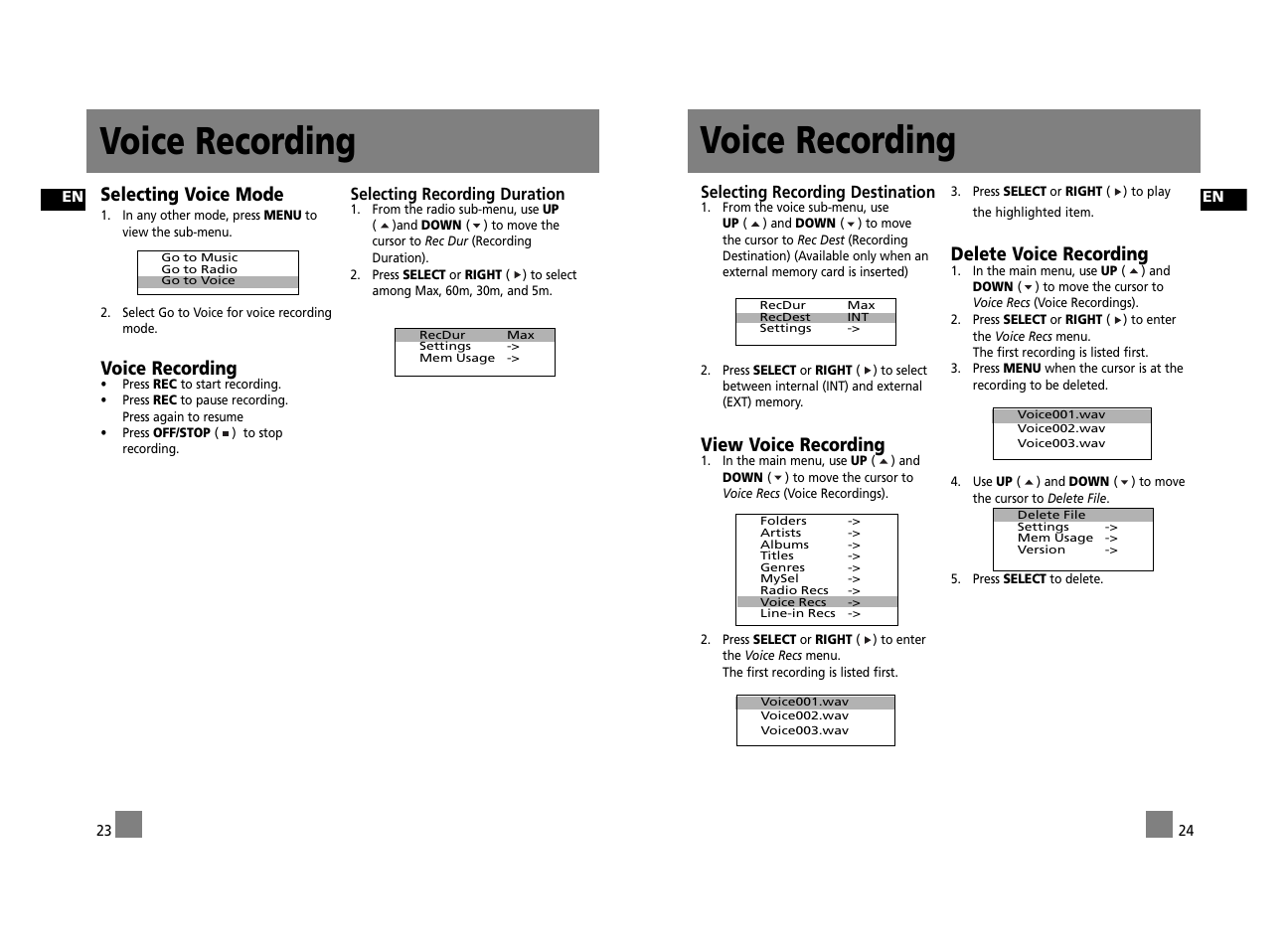 Voice recording, Selecting voice mode, View voice recording | Delete voice recording | RCA RD2312 User Manual | Page 17 / 33