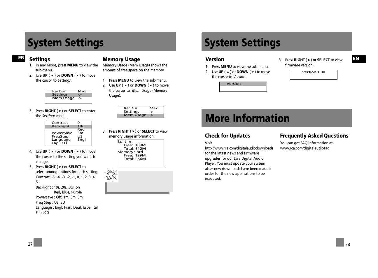 System settings more information, System settings, Version | Check for updates, Frequently asked questions, Settings | RCA RD2312 User Manual | Page 19 / 33