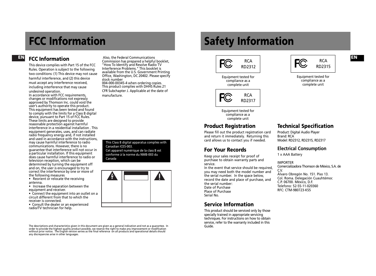 Safety information fcc information, Fcc information, Product registration | For your records, Service information, Technical specification | RCA RD2312 User Manual | Page 2 / 33