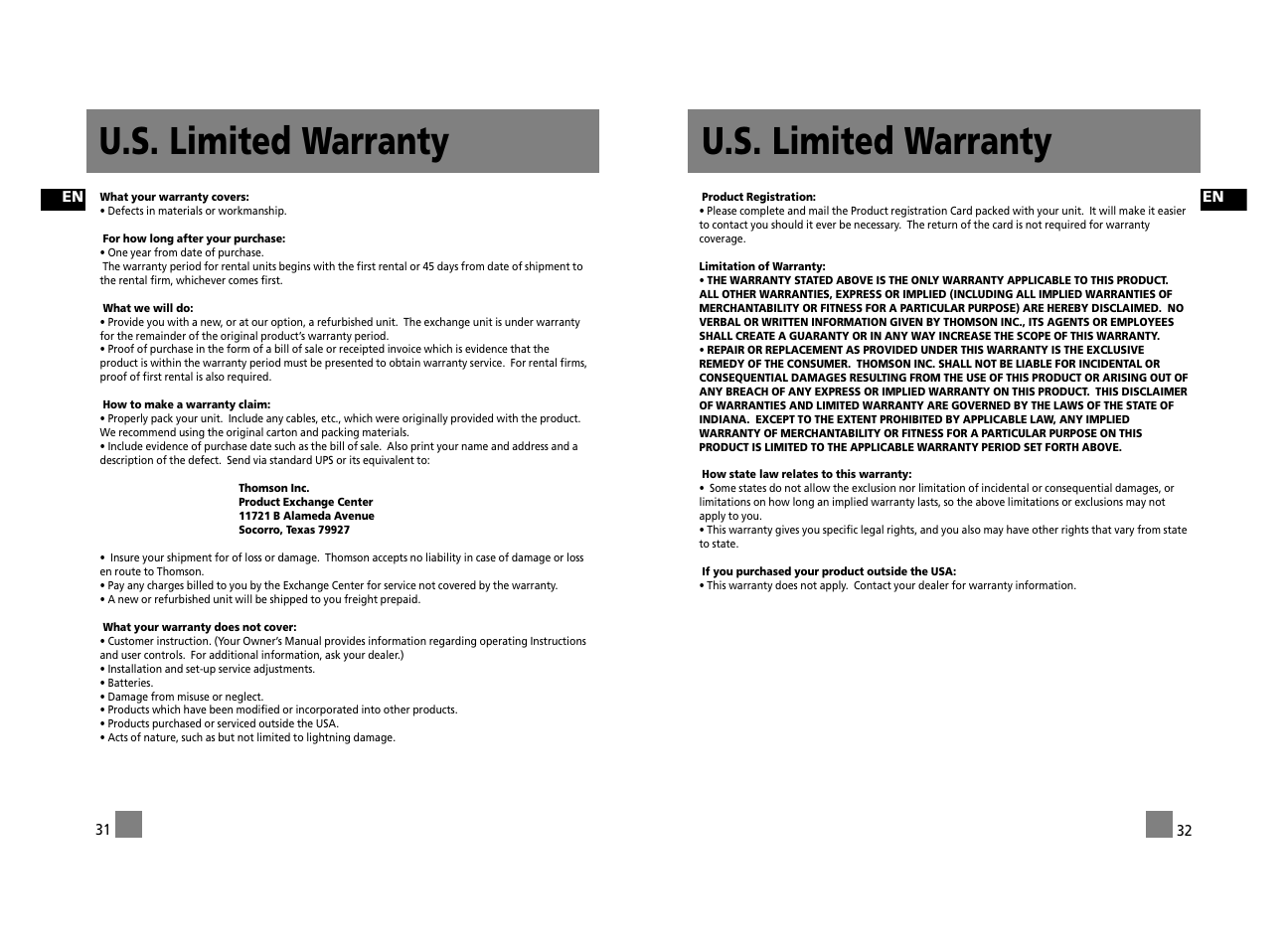 U.s. limited warranty | RCA RD2312 User Manual | Page 21 / 33