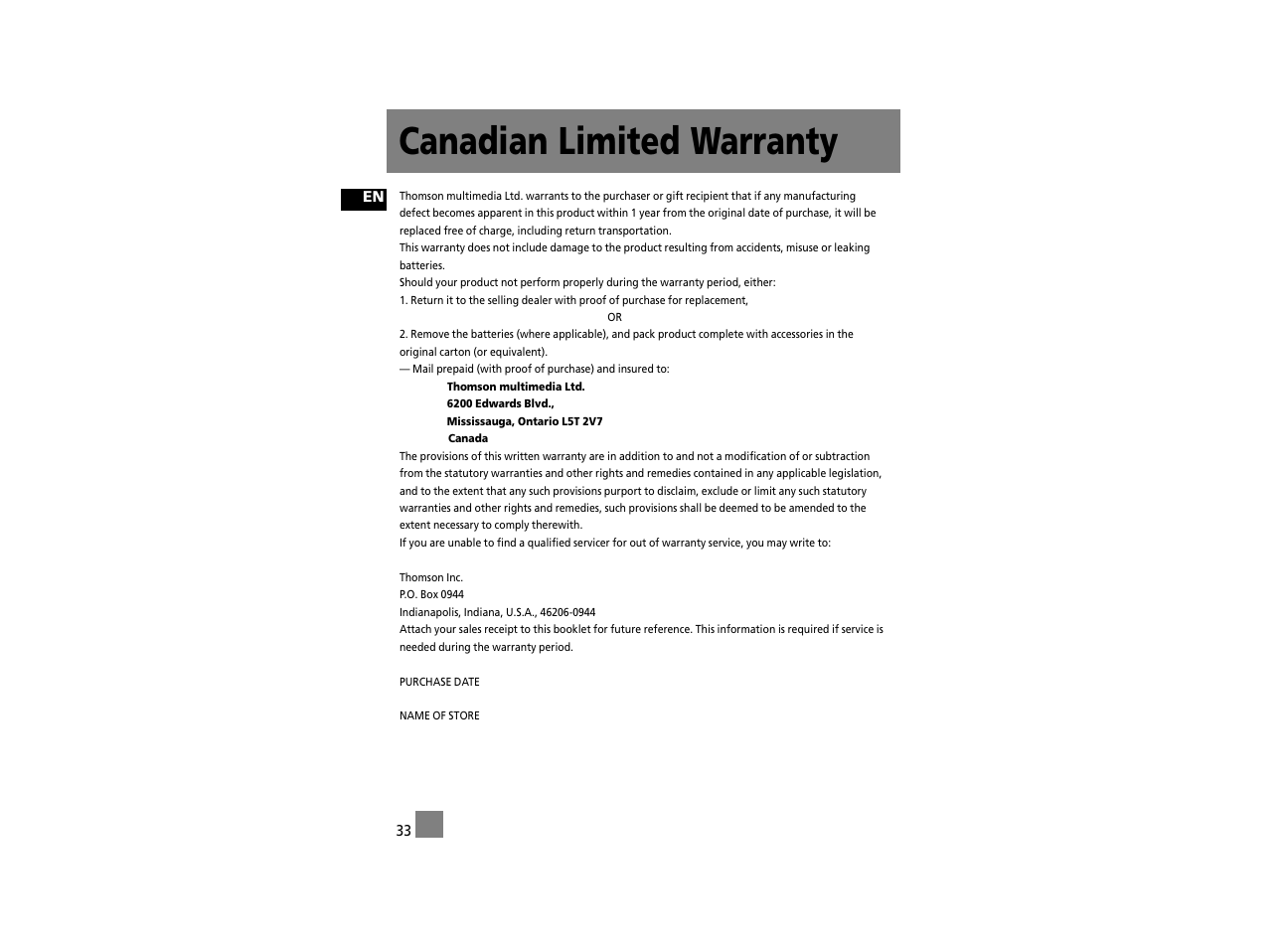 Canadian limited warranty | RCA RD2312 User Manual | Page 22 / 33