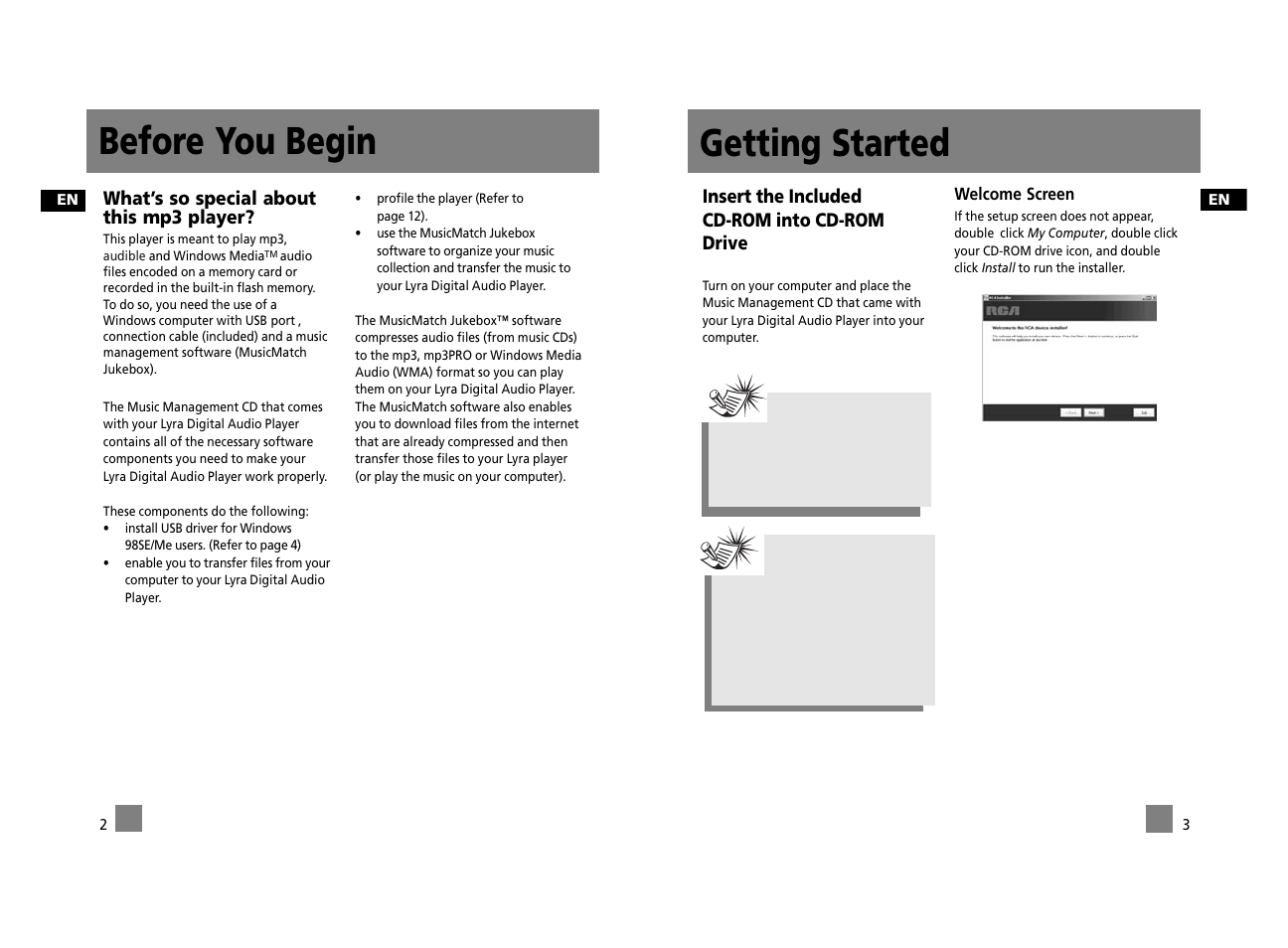 Before you begin, Getting started, What’s so special about this mp3 player | Insert the included cd-rom into cd-rom drive | RCA RD2312 User Manual | Page 28 / 33