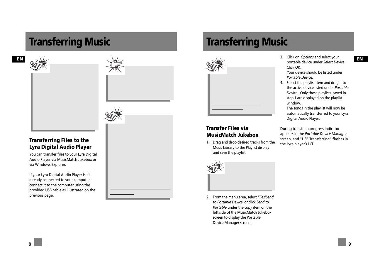 Transferring music, Transfer files via musicmatch jukebox | RCA RD2312 User Manual | Page 31 / 33