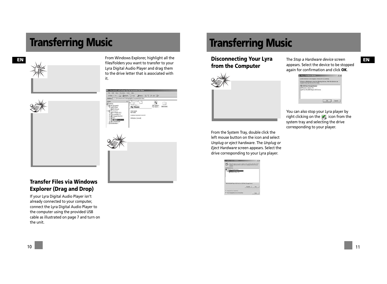 Transferring music, Disconnecting your lyra from the computer | RCA RD2312 User Manual | Page 32 / 33