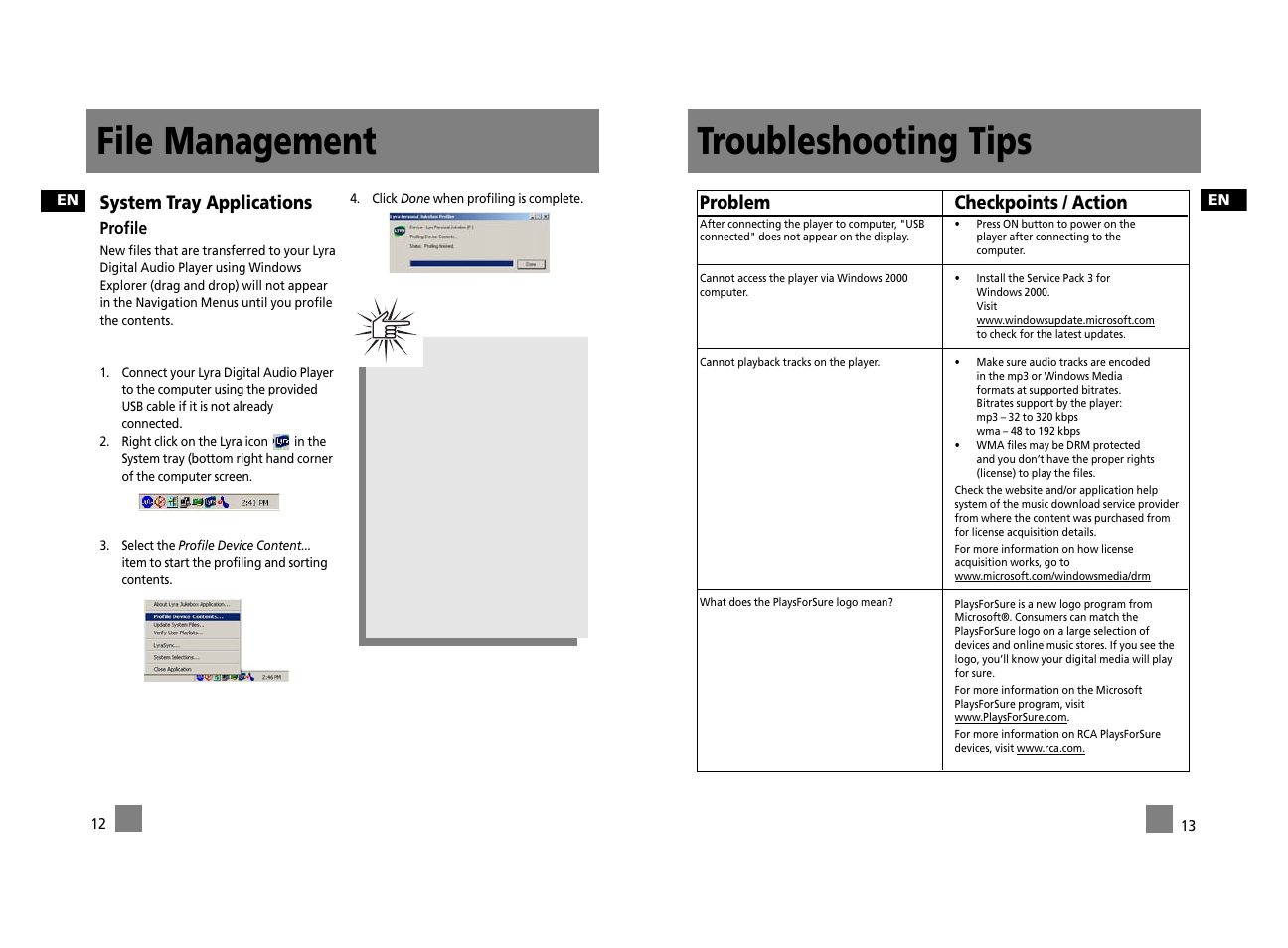 File management, Troubleshooting tips, System tray applications | Problem, Checkpoints / action | RCA RD2312 User Manual | Page 33 / 33