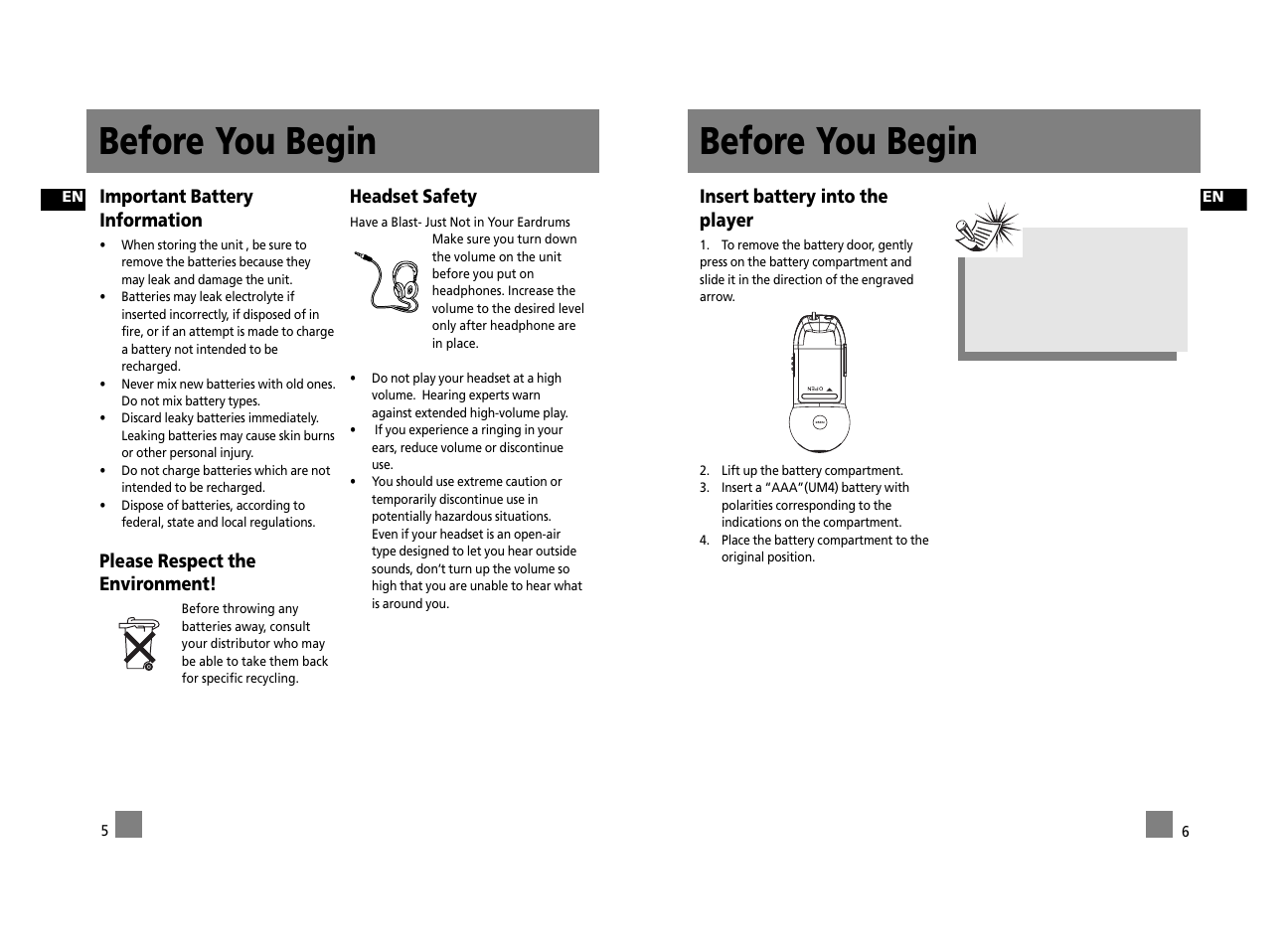 Before you begin, Insert battery into the player, Important battery information | Please respect the environment, Headset safety | RCA RD2312 User Manual | Page 8 / 33