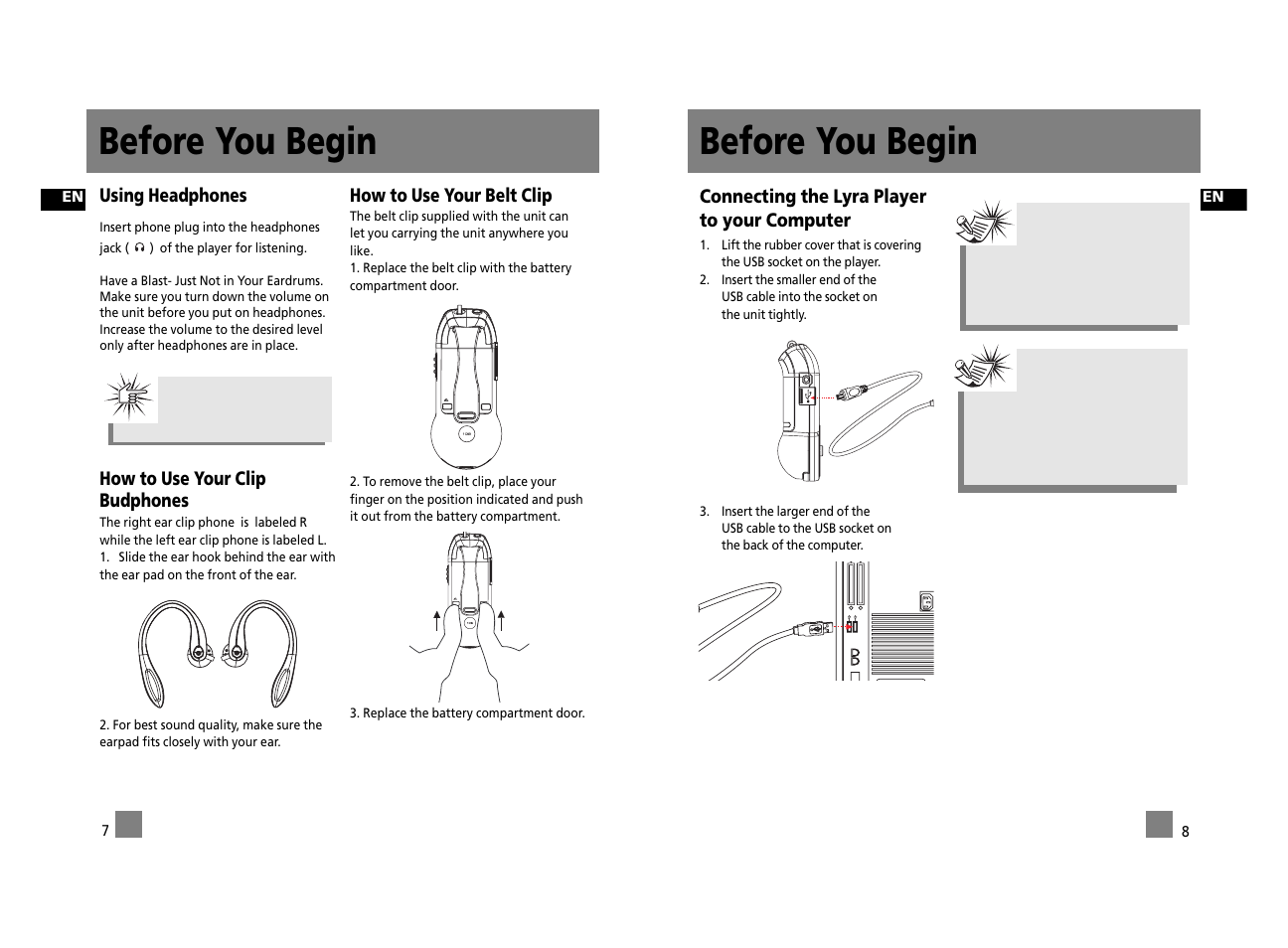 Before you begin, Connecting the lyra player to your computer, Using headphones | How to use your clip budphones, How to use your belt clip | RCA RD2312 User Manual | Page 9 / 33