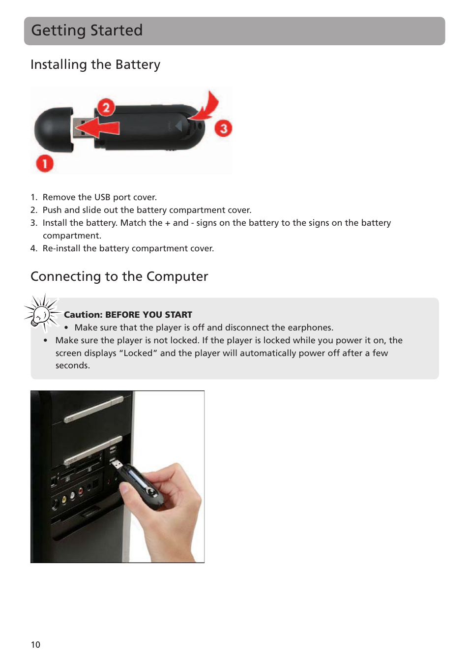 Installing the battery, Connecting to the computer, Getting started | RCA TC1402 User Manual | Page 10 / 40