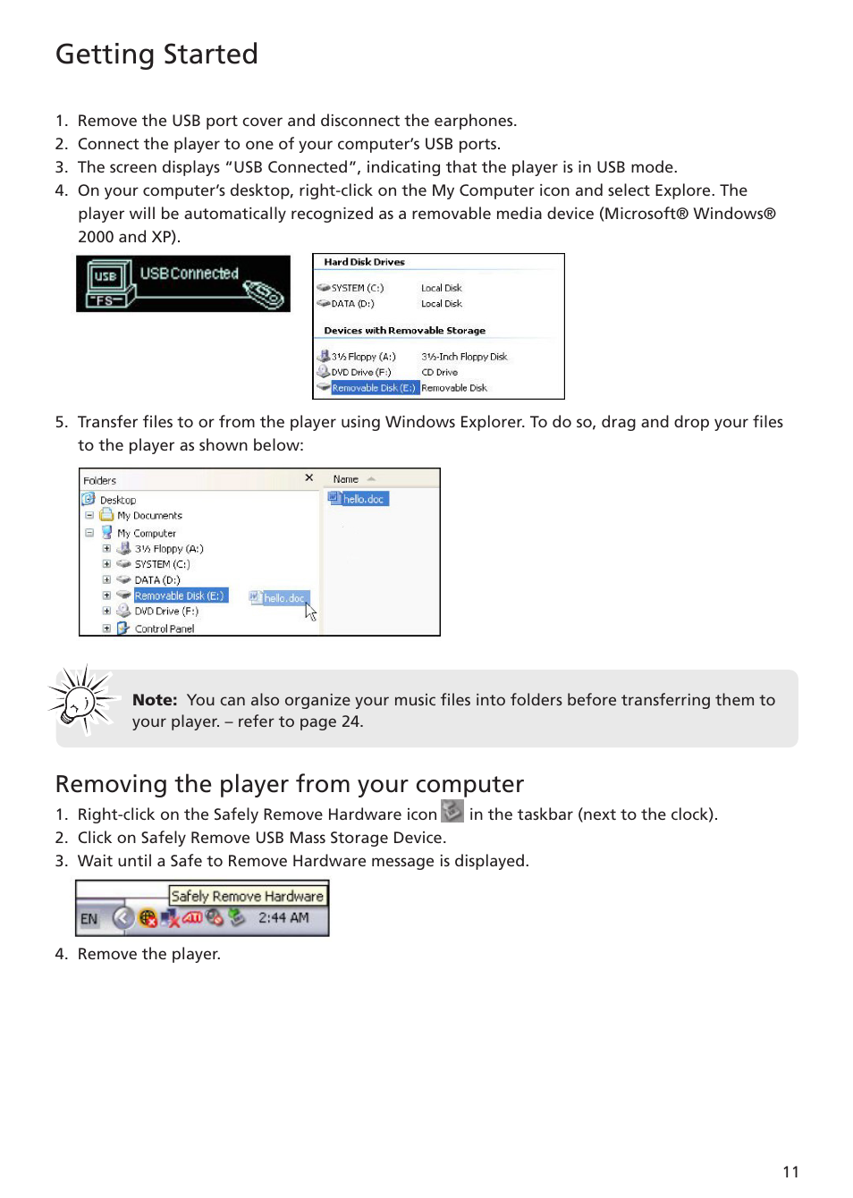 Removing the player from your computer, Getting started | RCA TC1402 User Manual | Page 11 / 40