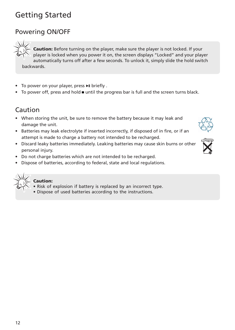 Powering on/off, Caution, Getting started | RCA TC1402 User Manual | Page 12 / 40