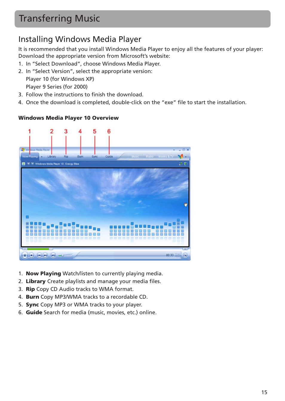 Transferring music, Installing windows media player | RCA TC1402 User Manual | Page 15 / 40