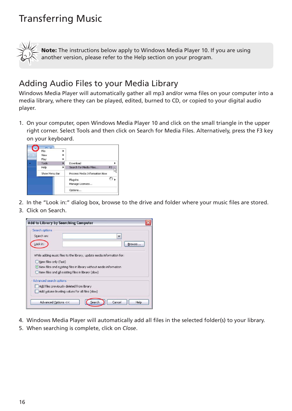 Adding audio files to your media library, Transferring music | RCA TC1402 User Manual | Page 16 / 40