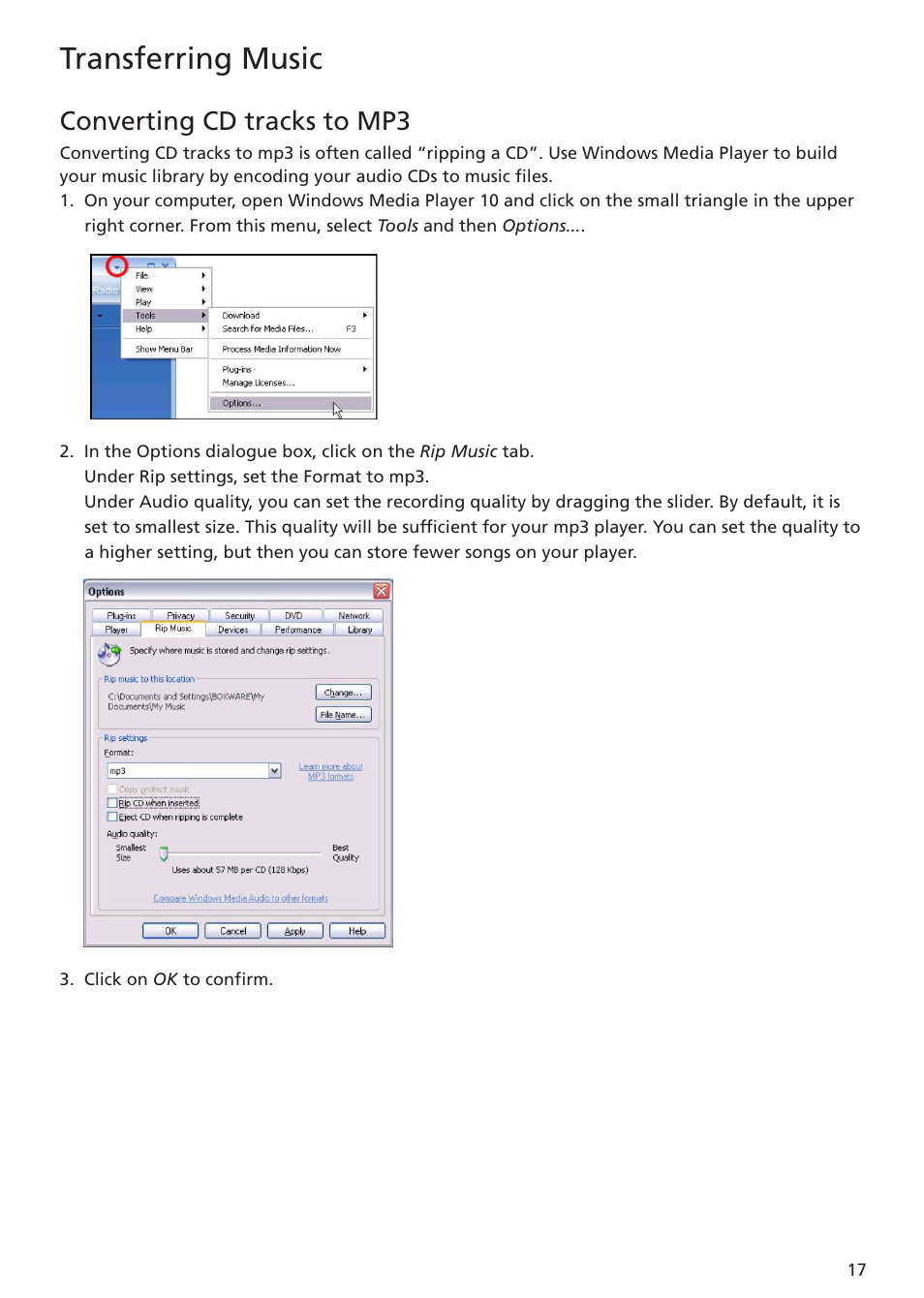 Converting cd tracks to mp3, Transferring music | RCA TC1402 User Manual | Page 17 / 40