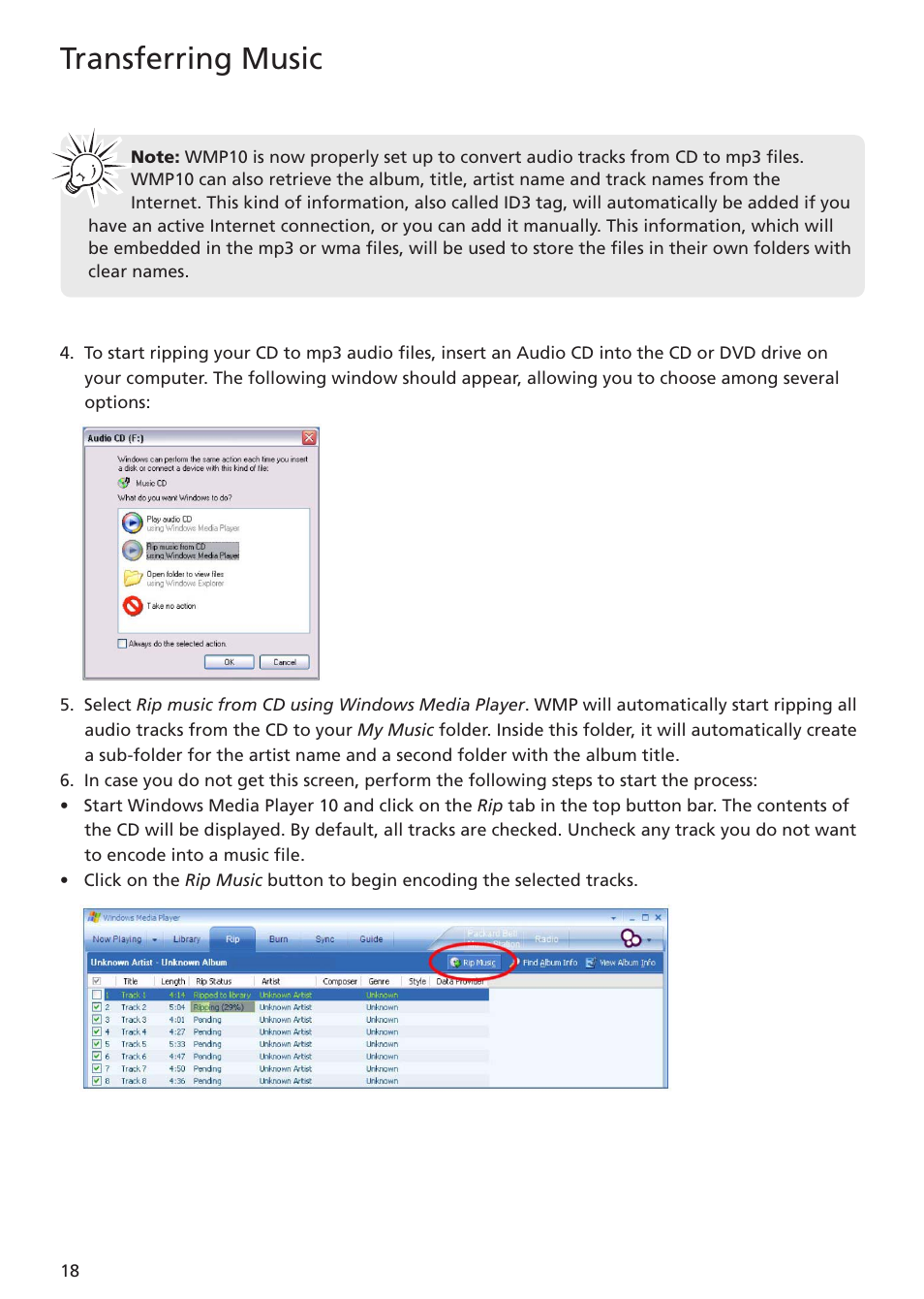 Transferring music | RCA TC1402 User Manual | Page 18 / 40