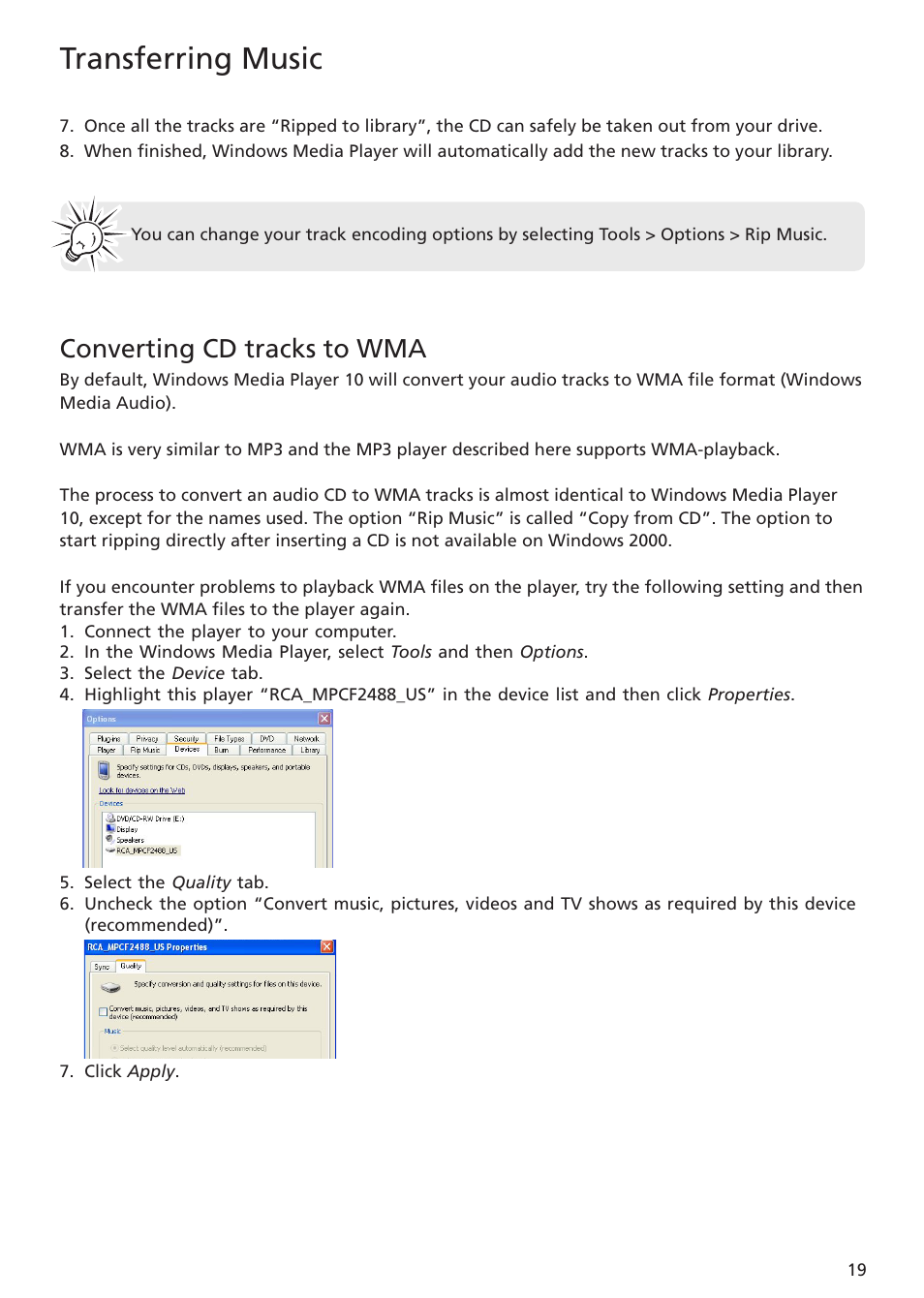 Converting cd tracks to wma, Transferring music | RCA TC1402 User Manual | Page 19 / 40