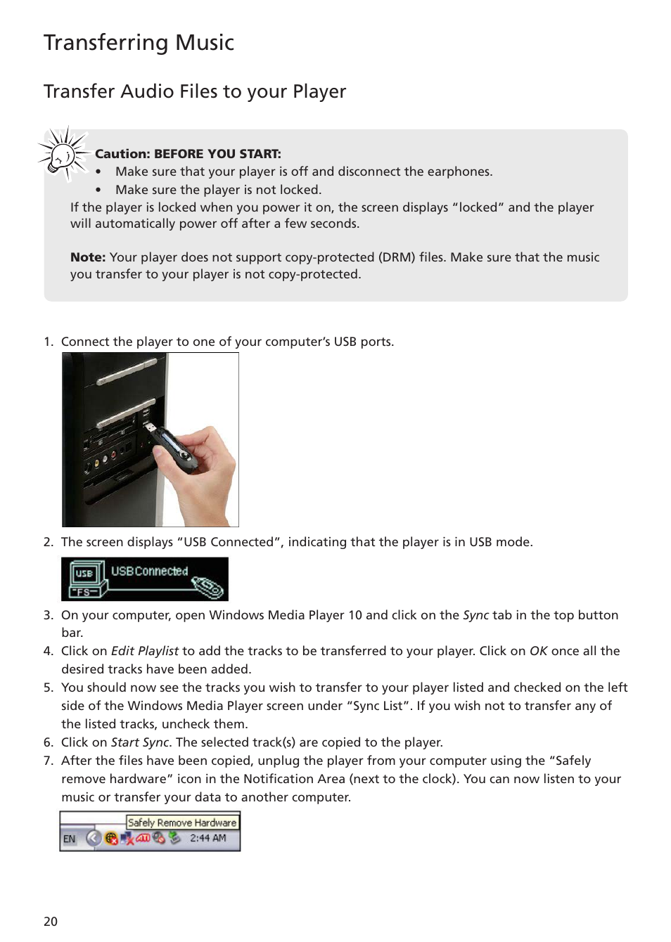 Transfer audio files to your player, Transferring music | RCA TC1402 User Manual | Page 20 / 40