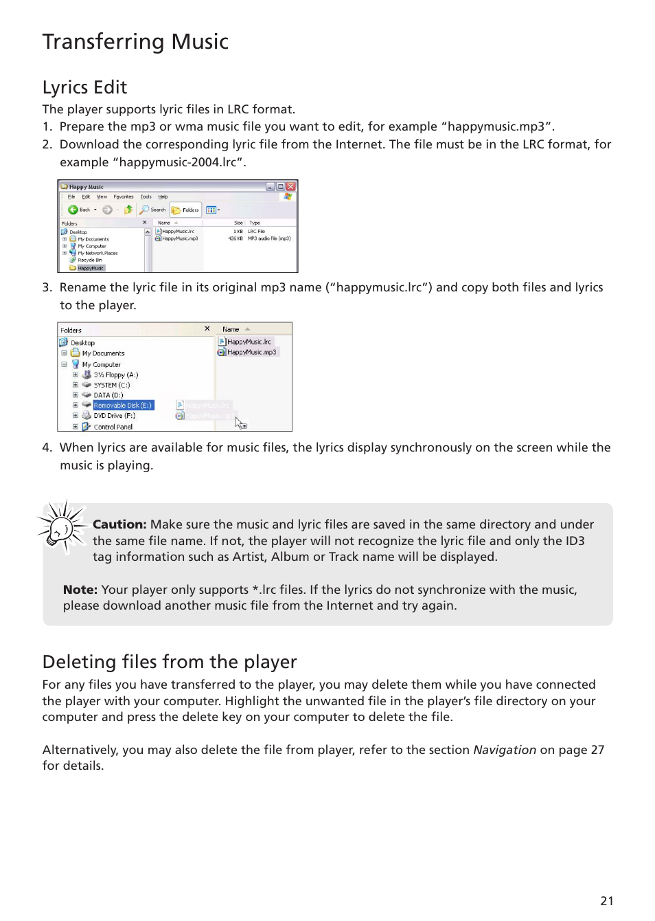 Lyrics edit, Transferring music, Deleting files from the player | RCA TC1402 User Manual | Page 21 / 40