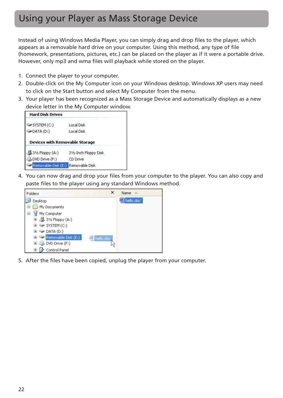 Using your player as mass storage device | RCA TC1402 User Manual | Page 22 / 40