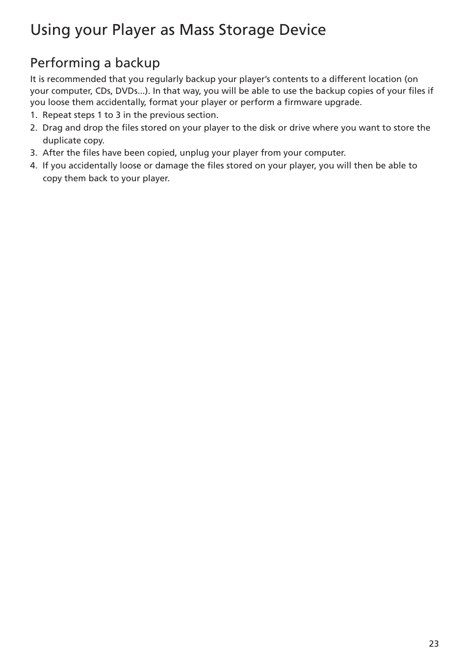 Performing a backup, Using your player as mass storage device | RCA TC1402 User Manual | Page 23 / 40