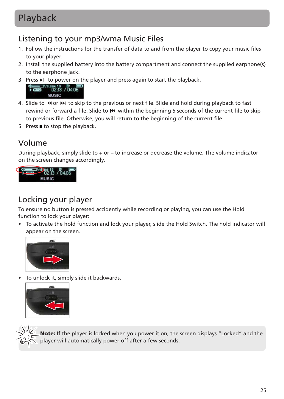 Listening to your mp3/wma music files, Volume, Locking your player | Playback | RCA TC1402 User Manual | Page 25 / 40