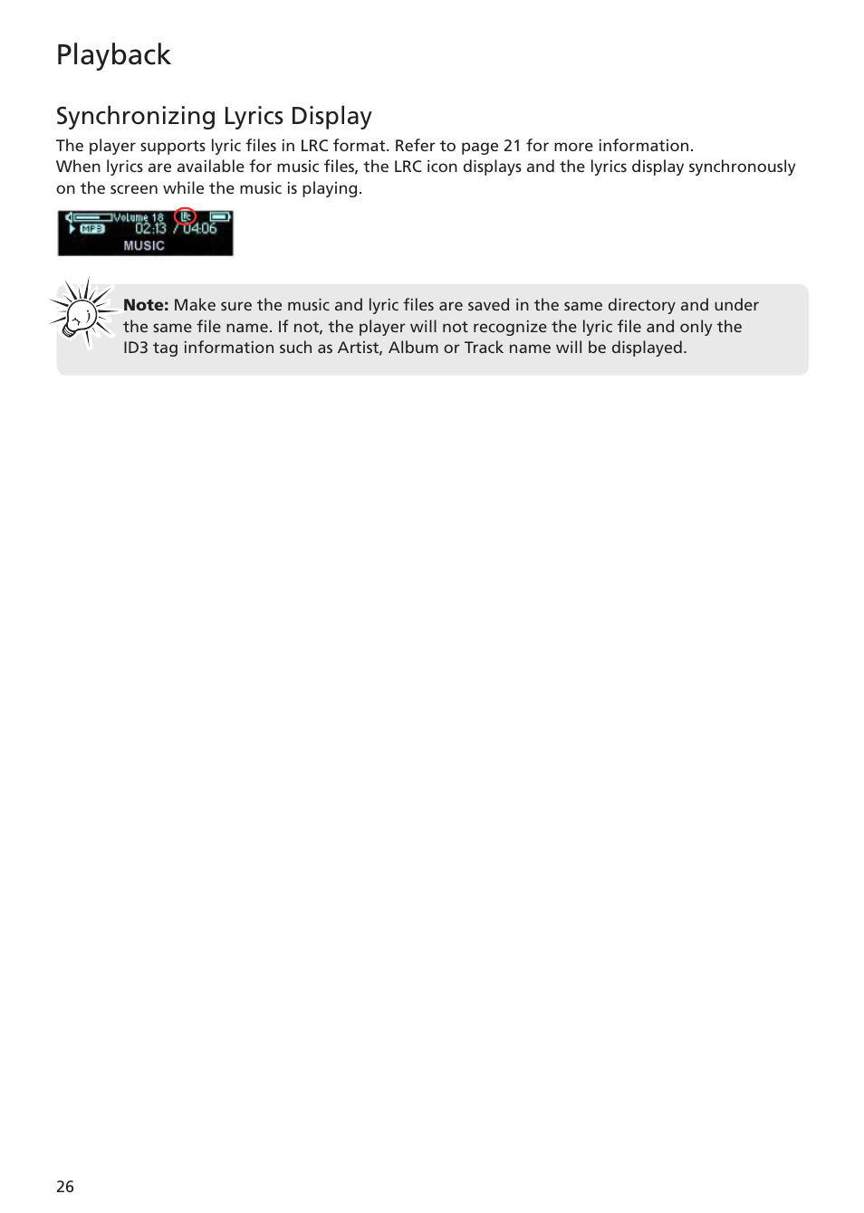 Synchronizing lyrics display, Playback | RCA TC1402 User Manual | Page 26 / 40