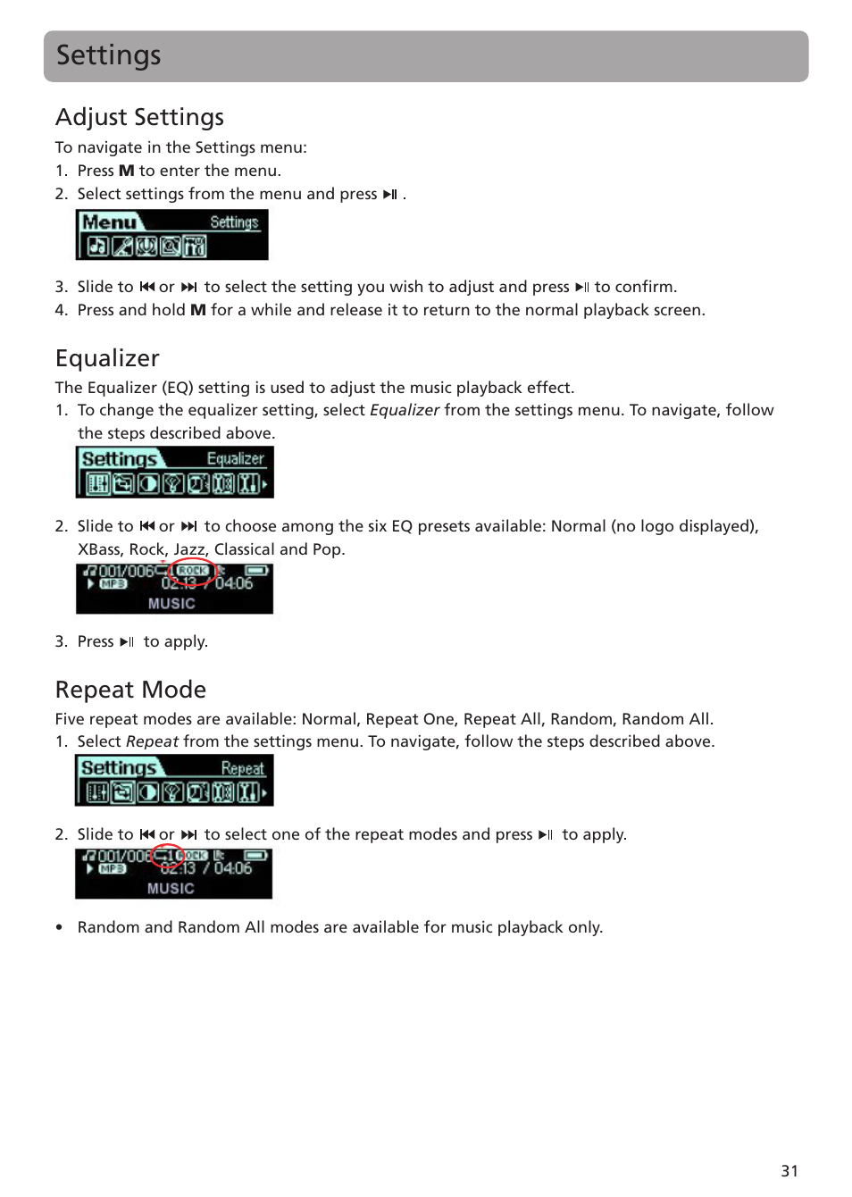 Adjust settings, Equalizer, Repeat mode | Settings | RCA TC1402 User Manual | Page 31 / 40