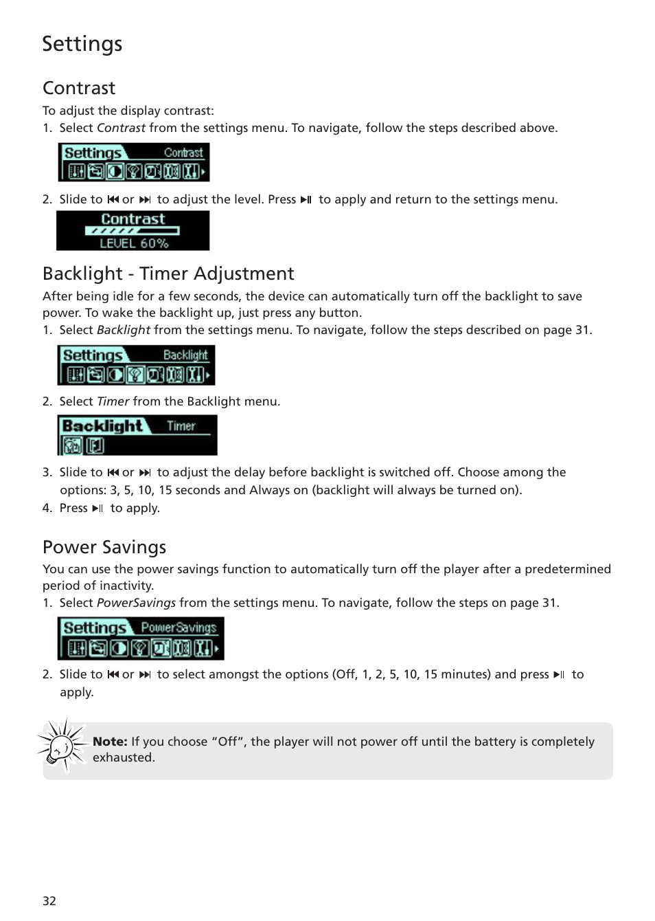 Contrast, Backlight - timer adjustment, Power savings | Settings | RCA TC1402 User Manual | Page 32 / 40