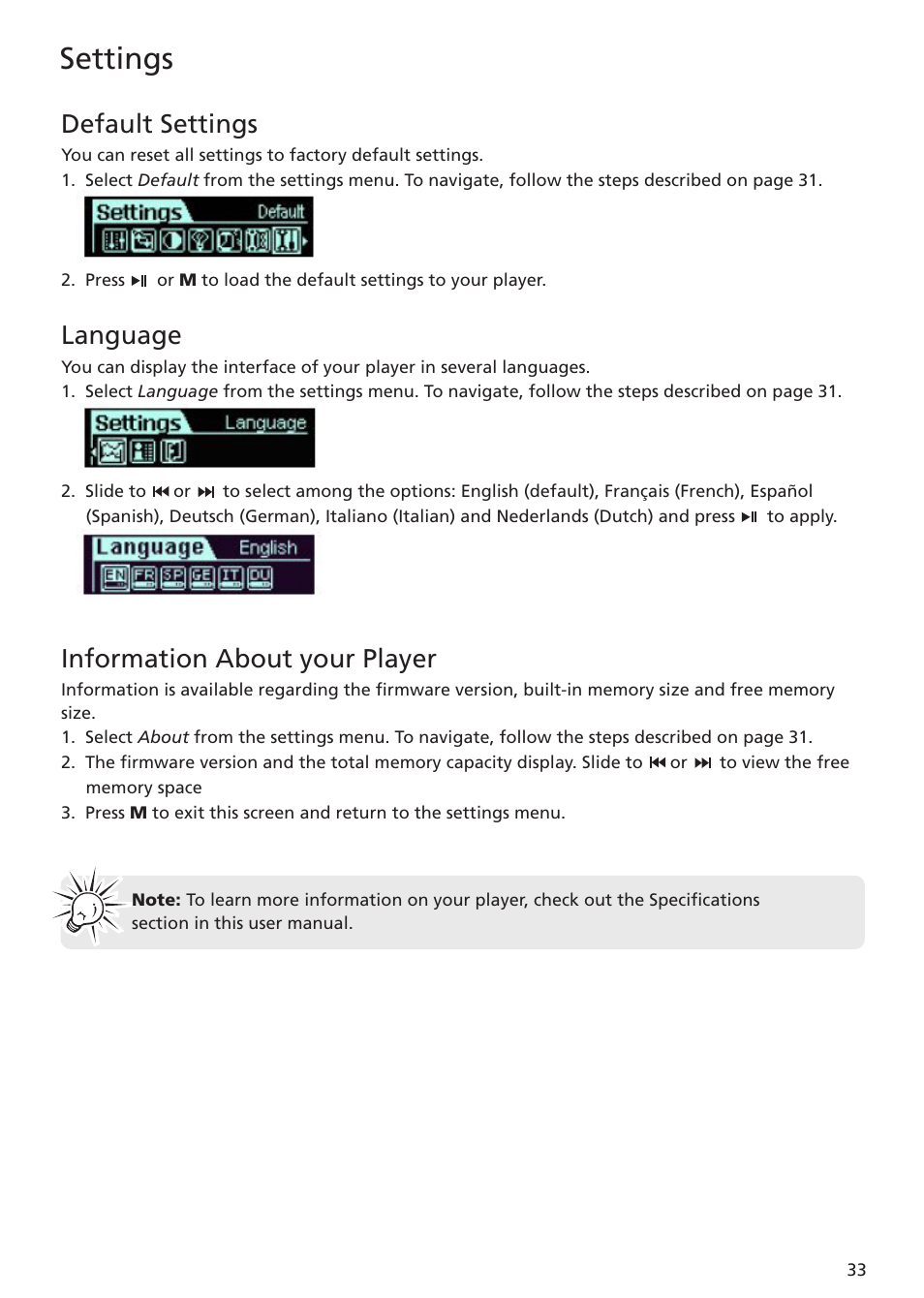 Default settings, Language, Information about your player | Settings | RCA TC1402 User Manual | Page 33 / 40