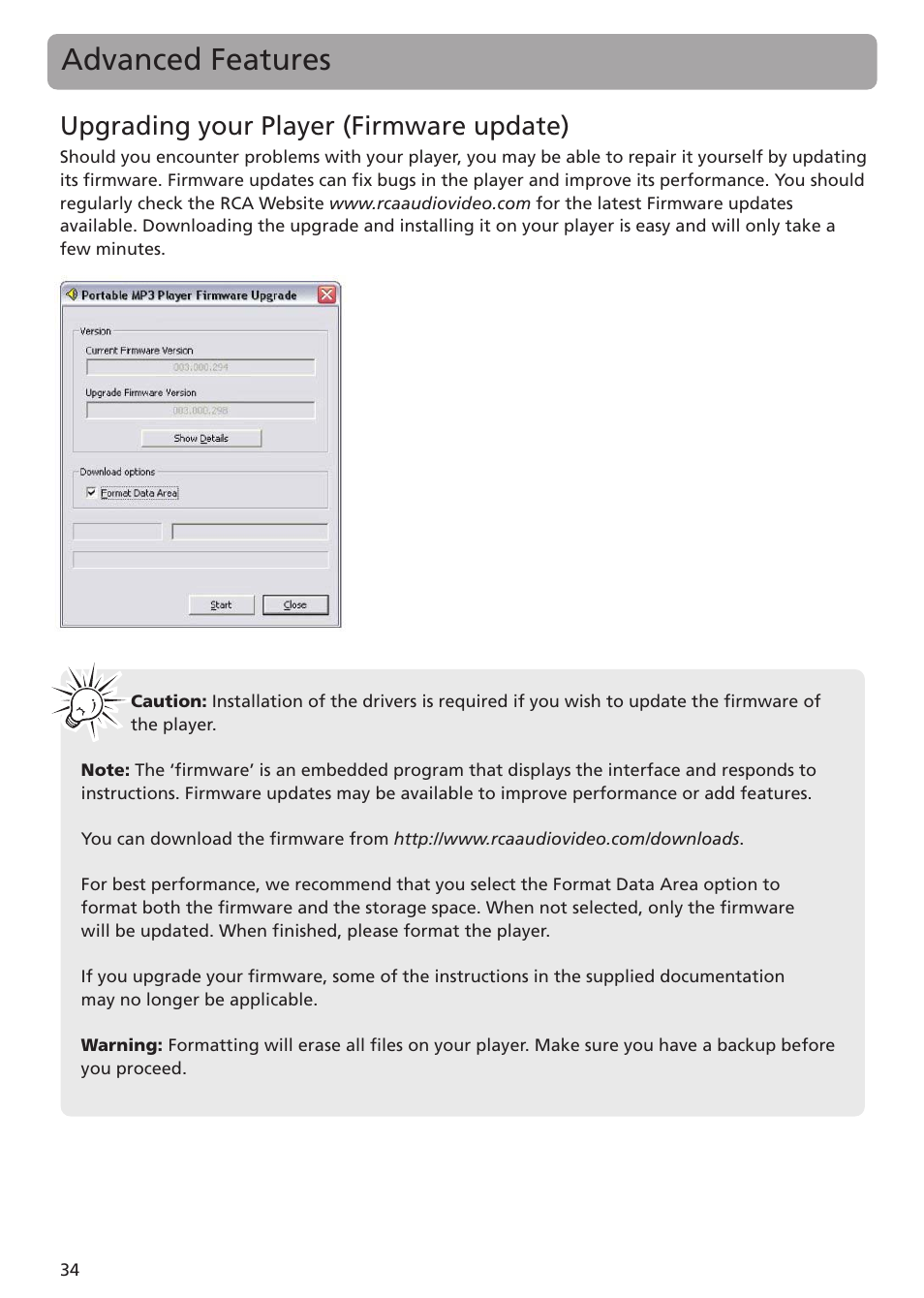 Upgrading your player (firmware update), Advanced features | RCA TC1402 User Manual | Page 34 / 40