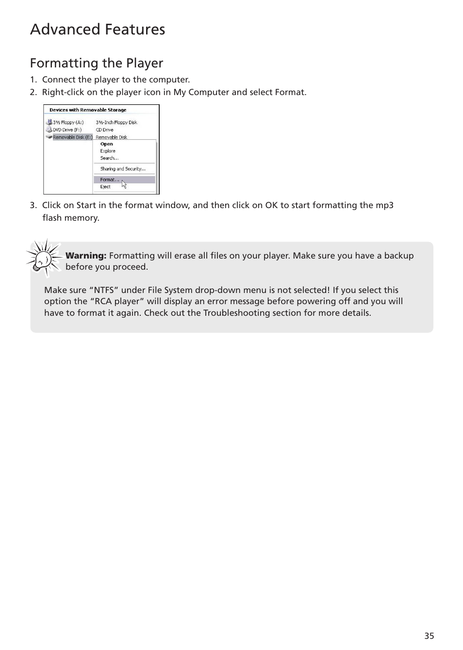 Formatting the player, Advanced features | RCA TC1402 User Manual | Page 35 / 40