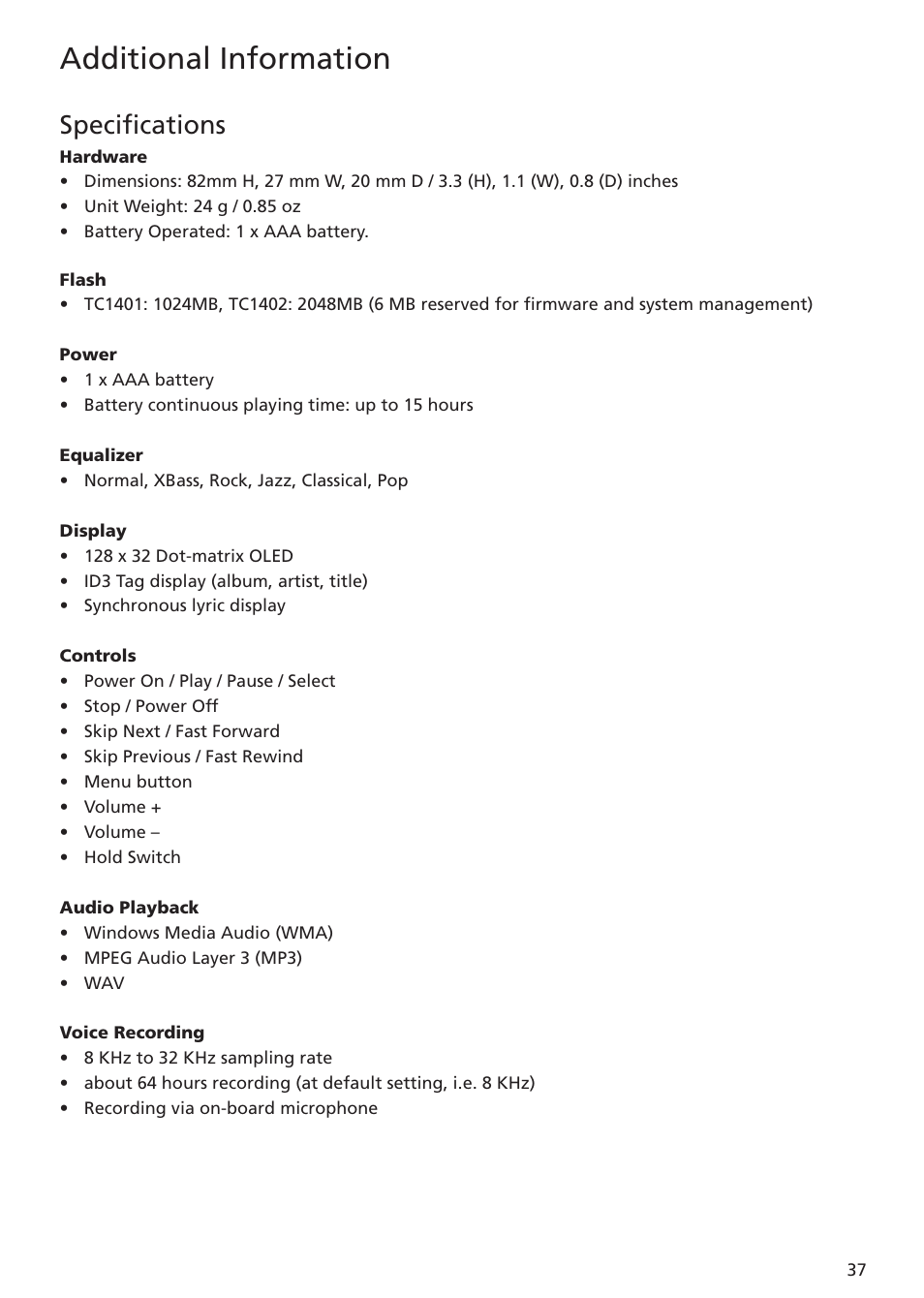 Specifications, Additional information | RCA TC1402 User Manual | Page 37 / 40