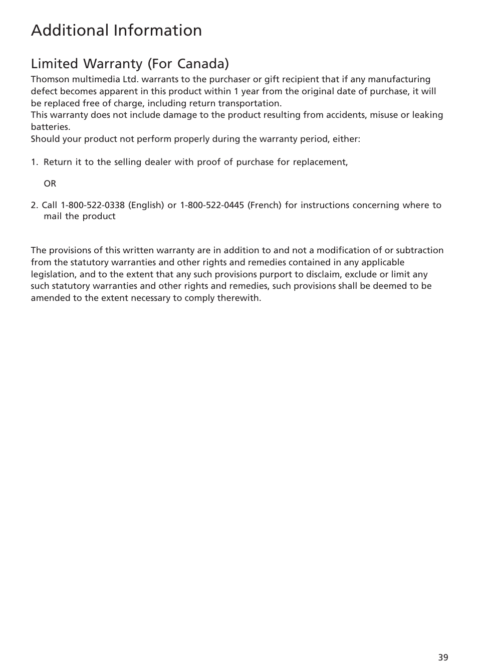 Limited warranty (for canada), Additional information | RCA TC1402 User Manual | Page 39 / 40