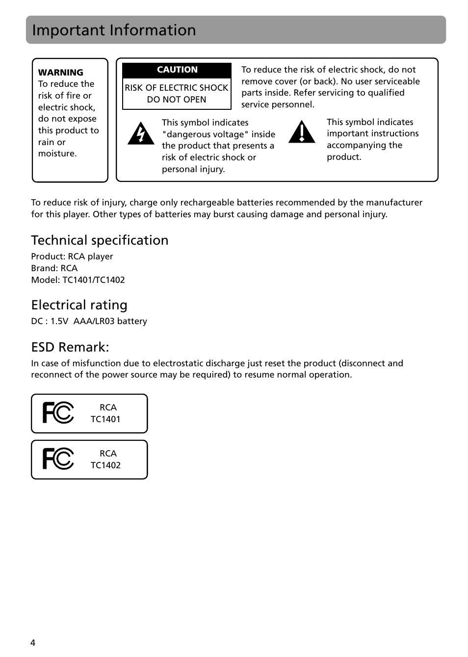 Important information, Technical specification, Electrical rating | Esd remark | RCA TC1402 User Manual | Page 4 / 40